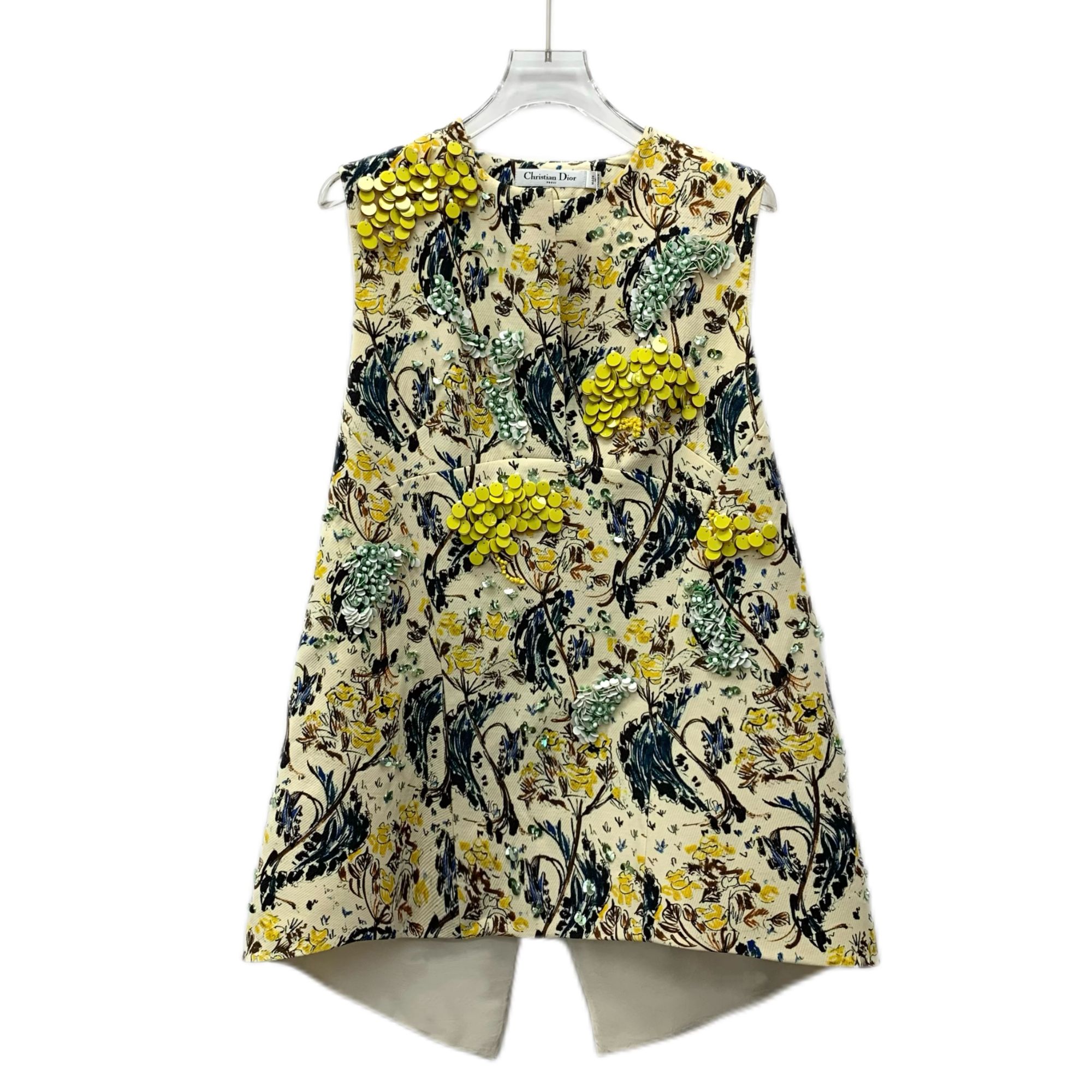 95新 DIOR/迪奥 DW0342  黄色亮片装饰印花无袖连衣裙 36 XS码