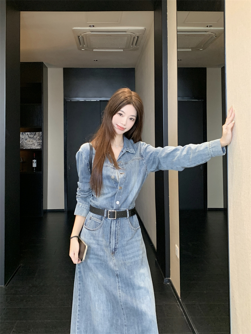 运补}现货大码复古牛仔连衣裙设计感小众长袖牛仔连体裙配腰带