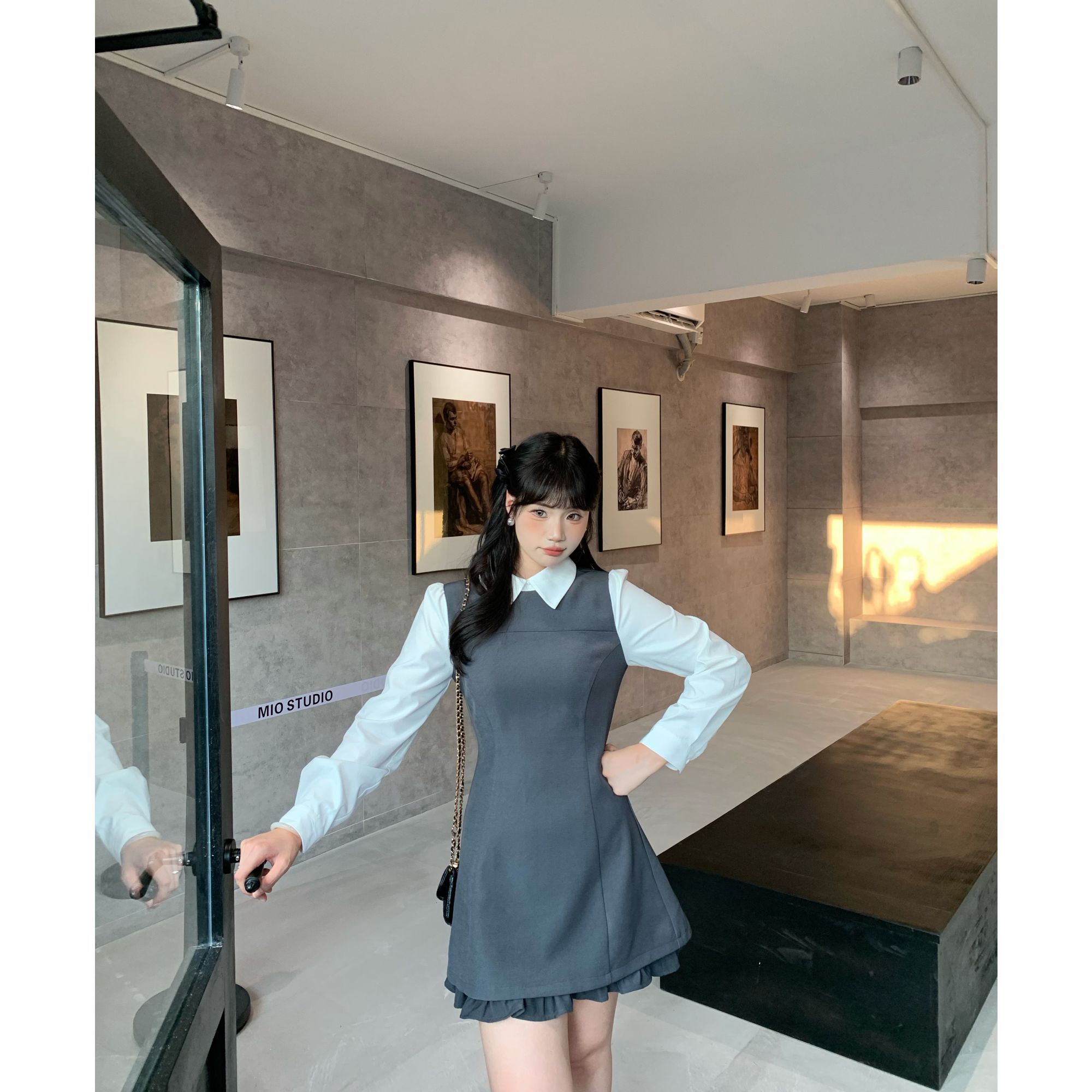 【南法少女】大头婷（TT）微胖定制秋季灰色假两件撞色收腰显瘦连衣裙