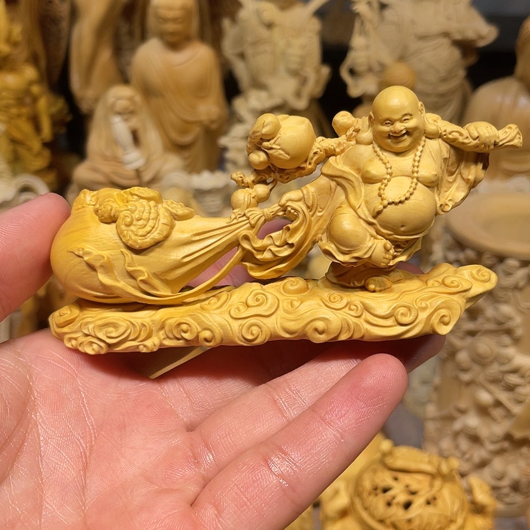 黄杨木黄杨木拉布袋弥勒佛