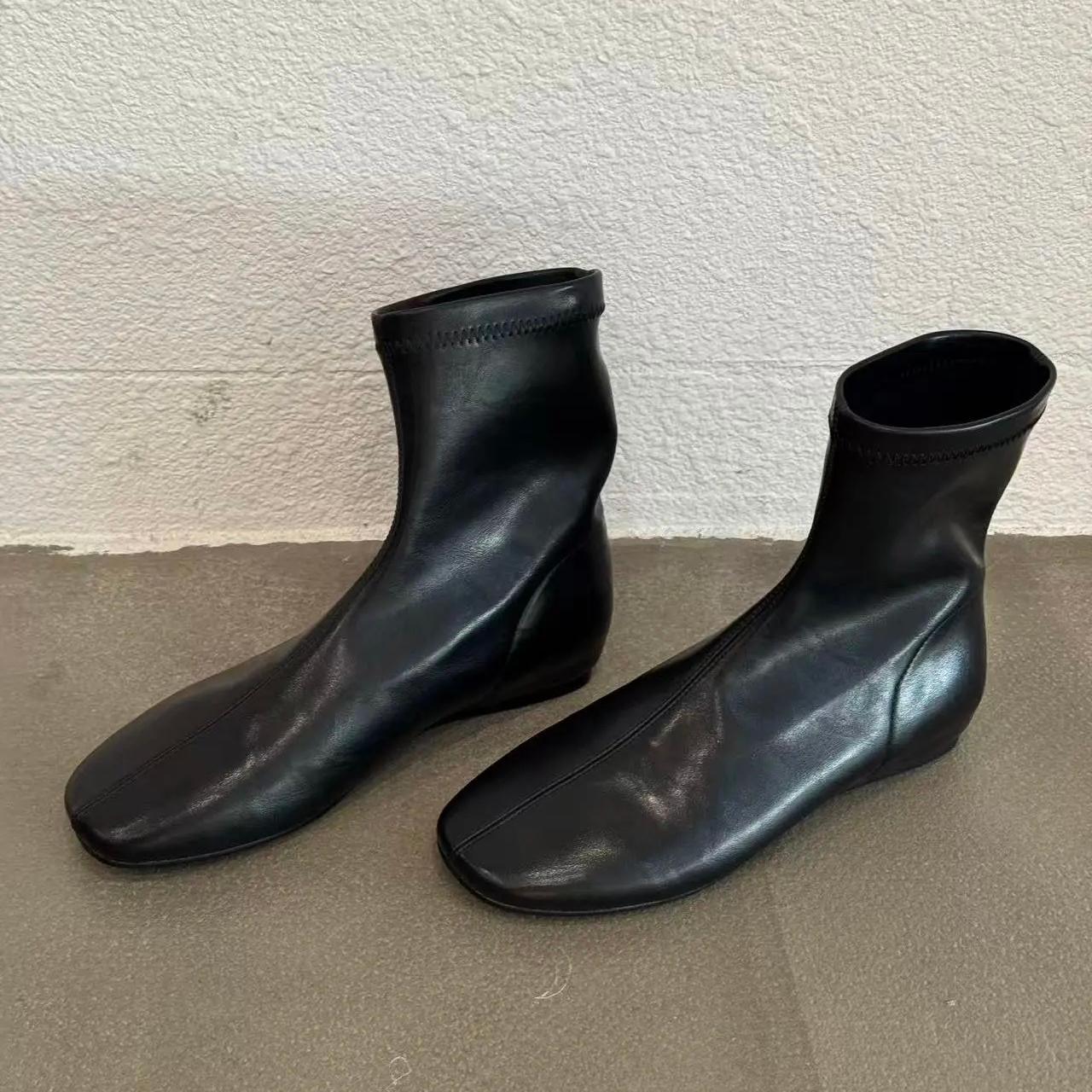 【奥莱撤柜】牛皮版~秋冬新款圆头短筒弹力瘦瘦靴袜靴时尚气质低跟