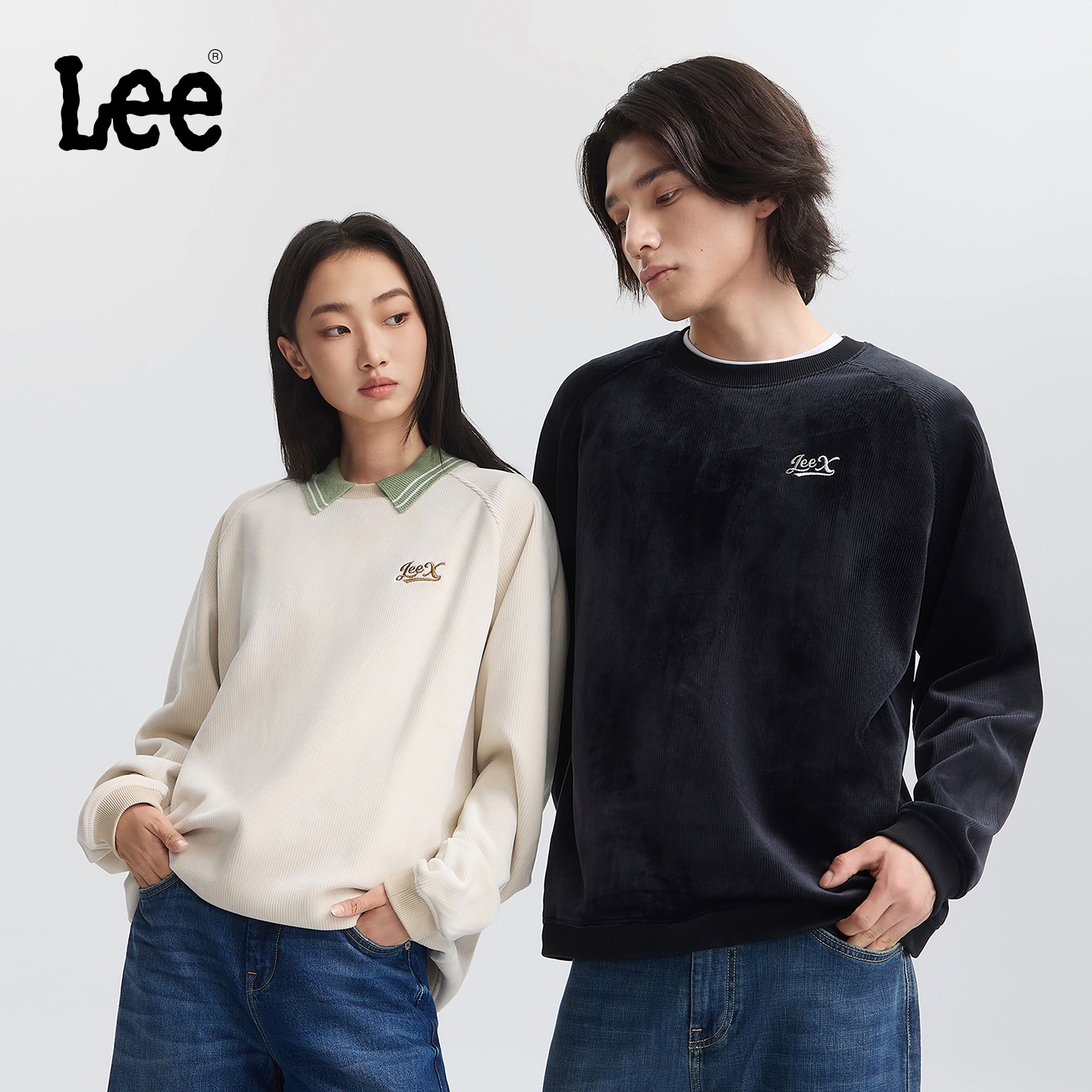Lee25秋冬宽松版圆领刺绣Logo复合灯芯绒连肩袖男女同款卫衣