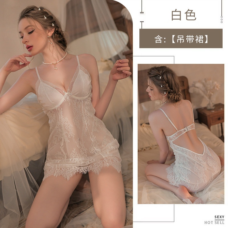 性感拼接睡裙夏季白色吊带轻奢短裙家居服成人薄款露背镂空女#