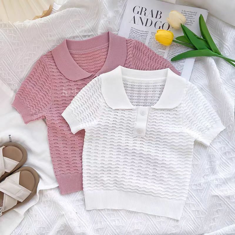 个性夏装韩版洋气纯色女童T恤宝宝POLO衫短袖潮娃娃领儿童针织衫