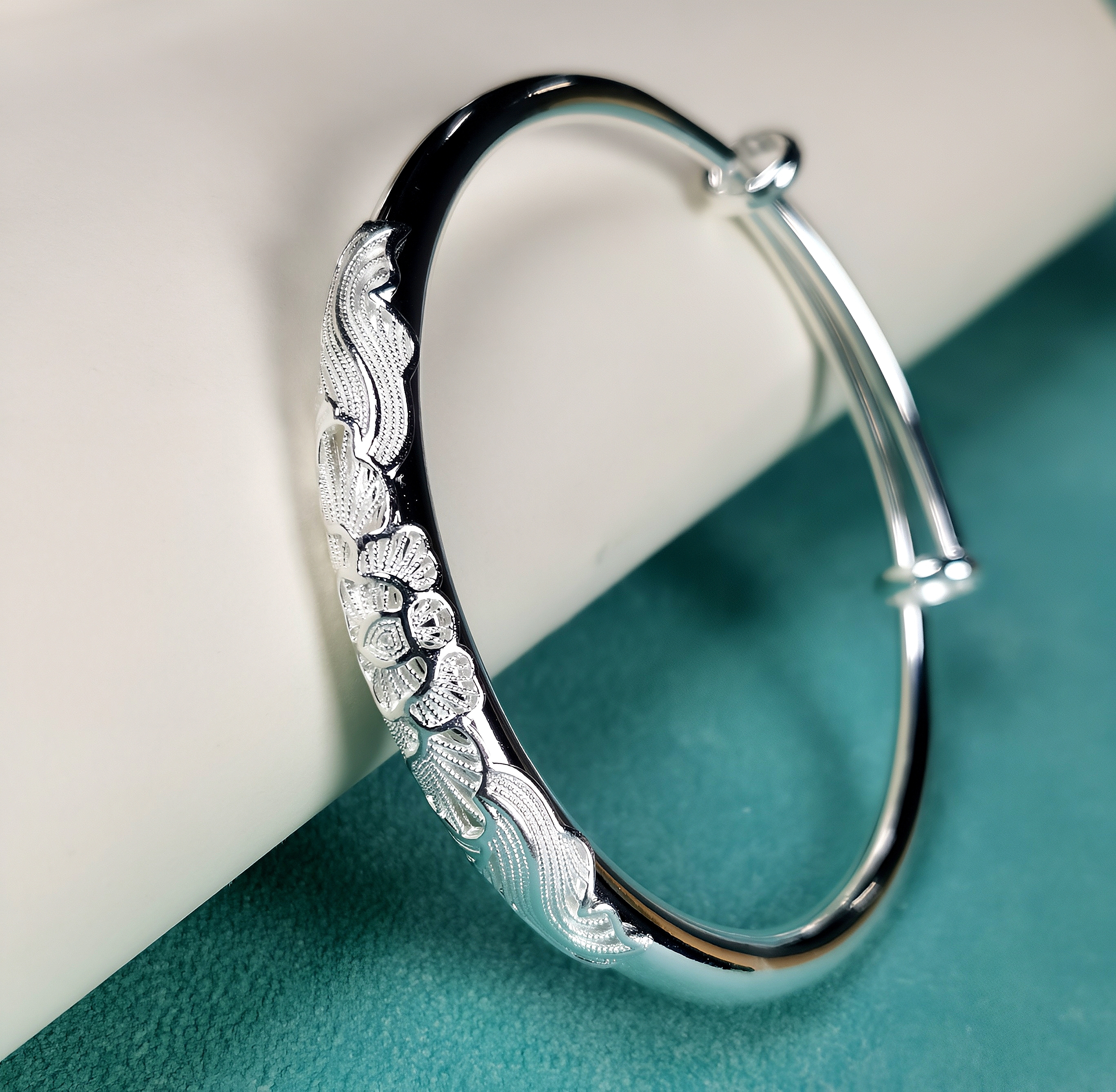 足银手镯 足银999精美浮雕牡丹花丝可调节推拉新中式银手镯送长辈