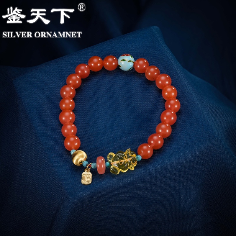 鉴天下天然南红玛瑙手链女款新中式国风琥珀小熊配件手串生日礼物