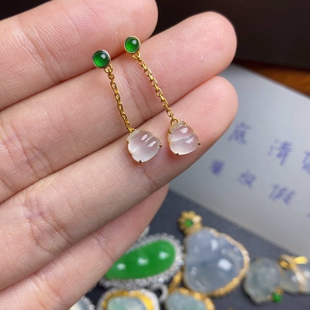 翡翠耳饰18K金镶嵌18Ｋ金葫芦耳钉不退不换