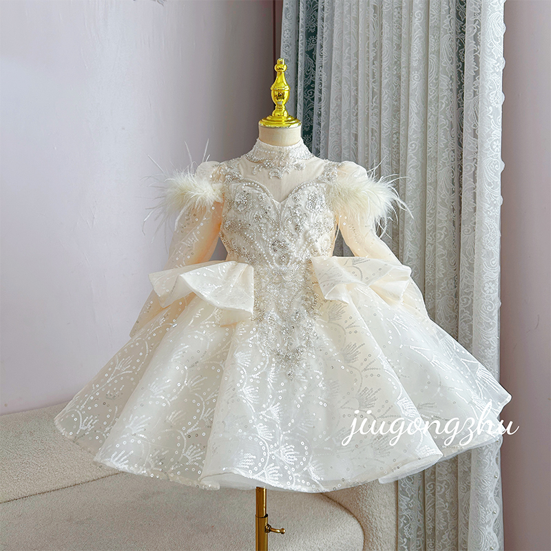【仙翎】短款香槟色长袖闪亮公主裙花童婚礼高端儿童裙钢琴演出服