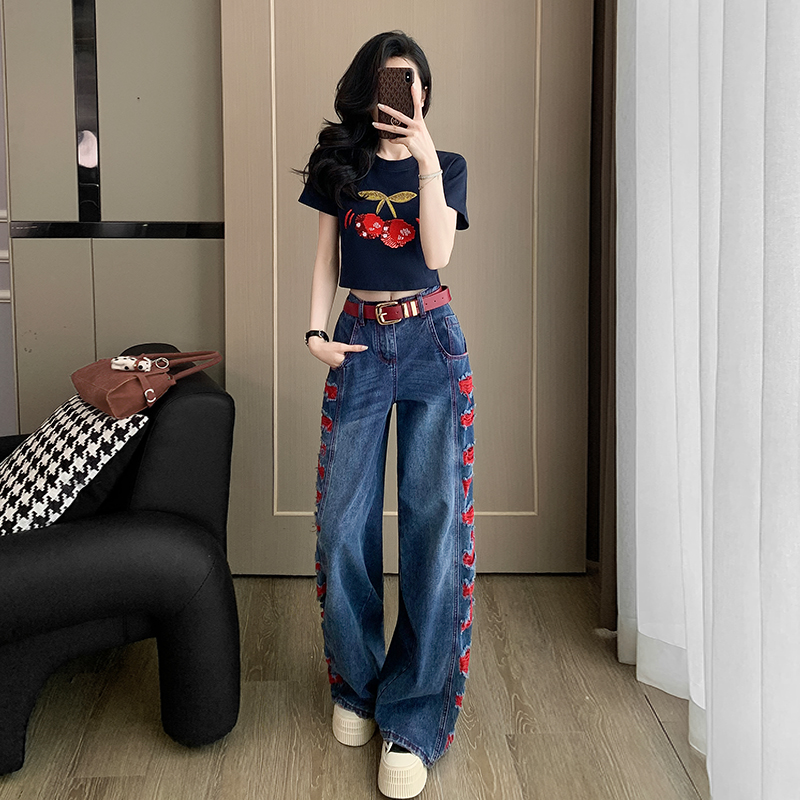 复古甜美时髦正肩显瘦上衣短袖T恤夏季宽松破洞牛仔裤女薄阔腿裤