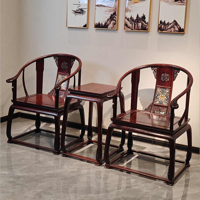 水一方 非洲紫檀镶嵌珐琅皇宫椅明清红木古典圈椅三件套