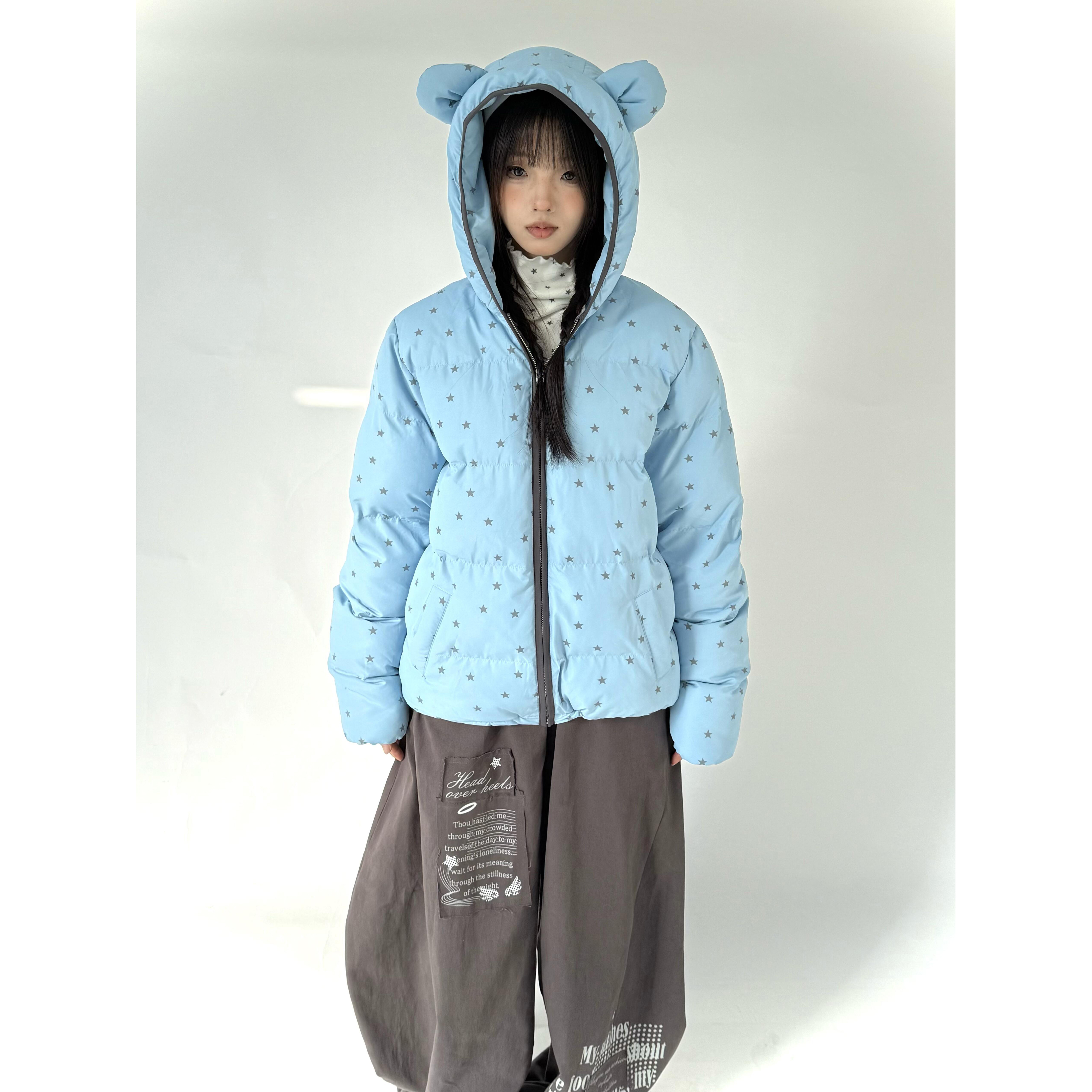 可爱蓝色星星印花小熊耳朵连帽棉服外套女冬季加厚保暖宽松面包服