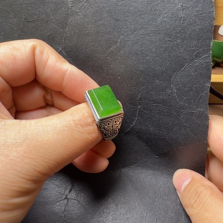 和田玉（碧玉）银S925镀金镶嵌戒指