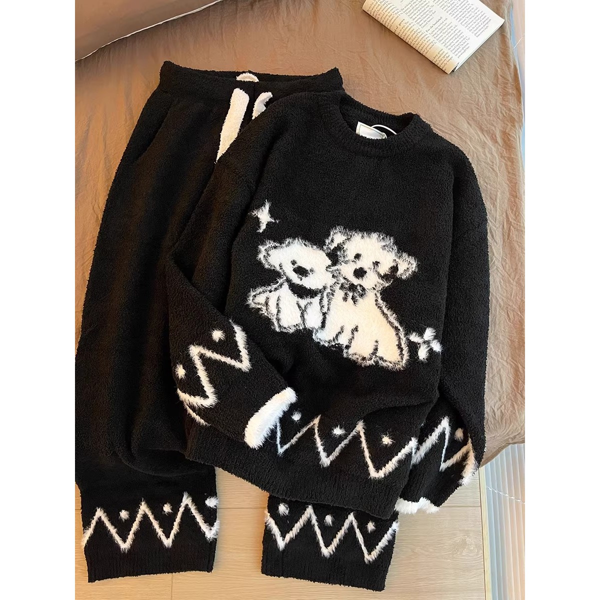 韩系可爱小狗半边绒睡衣女秋冬季针织保暖加厚长袖长裤家居服套装