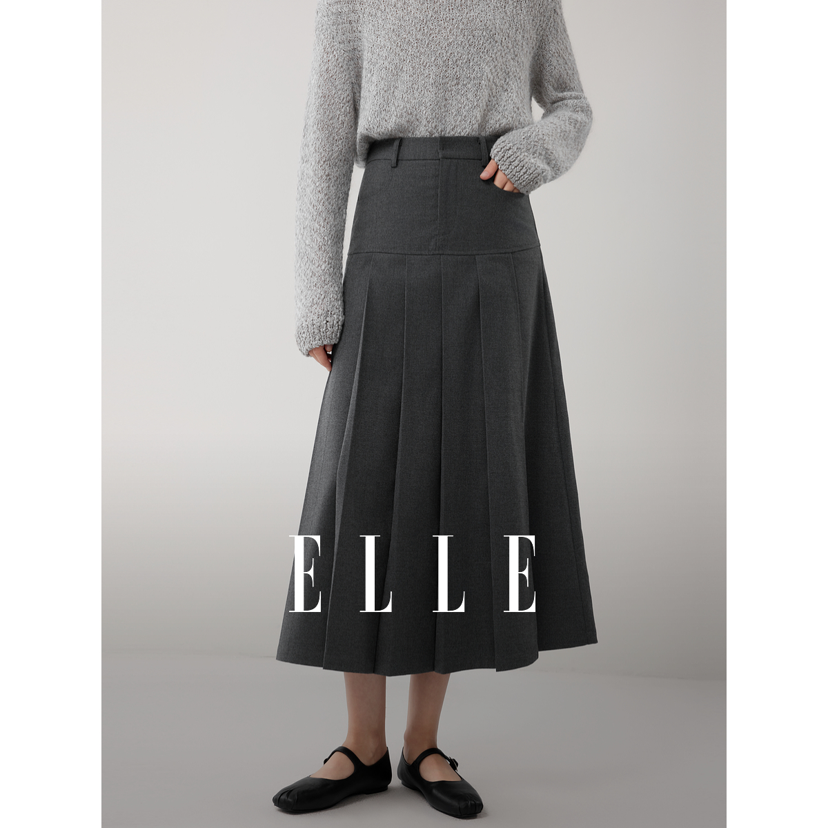ELLE女装学院风高腰百褶半身裙25冬季新款时髦通勤长裙ER53135