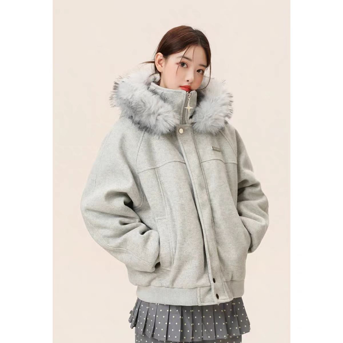 冬装座山雕毛领连帽棉服外套男女同款毛呢加厚保暖情侣装高级棉衣