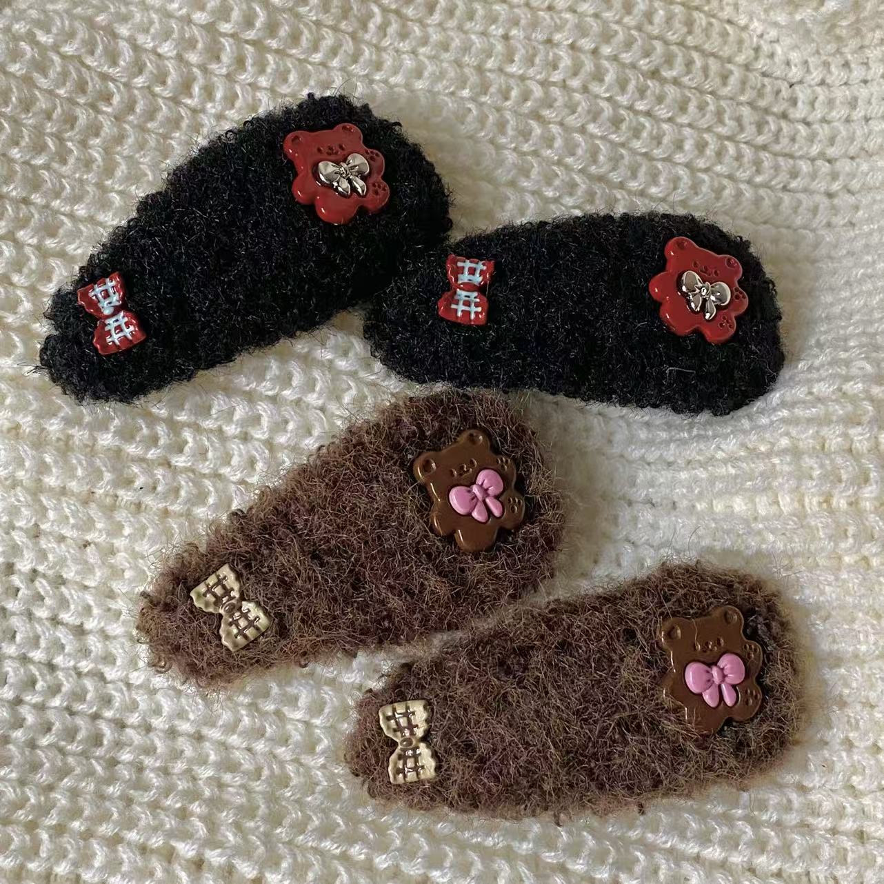 可爱毛绒小熊发夹女卡通花朵装饰发饰秋冬保暖头饰边夹刘海夹