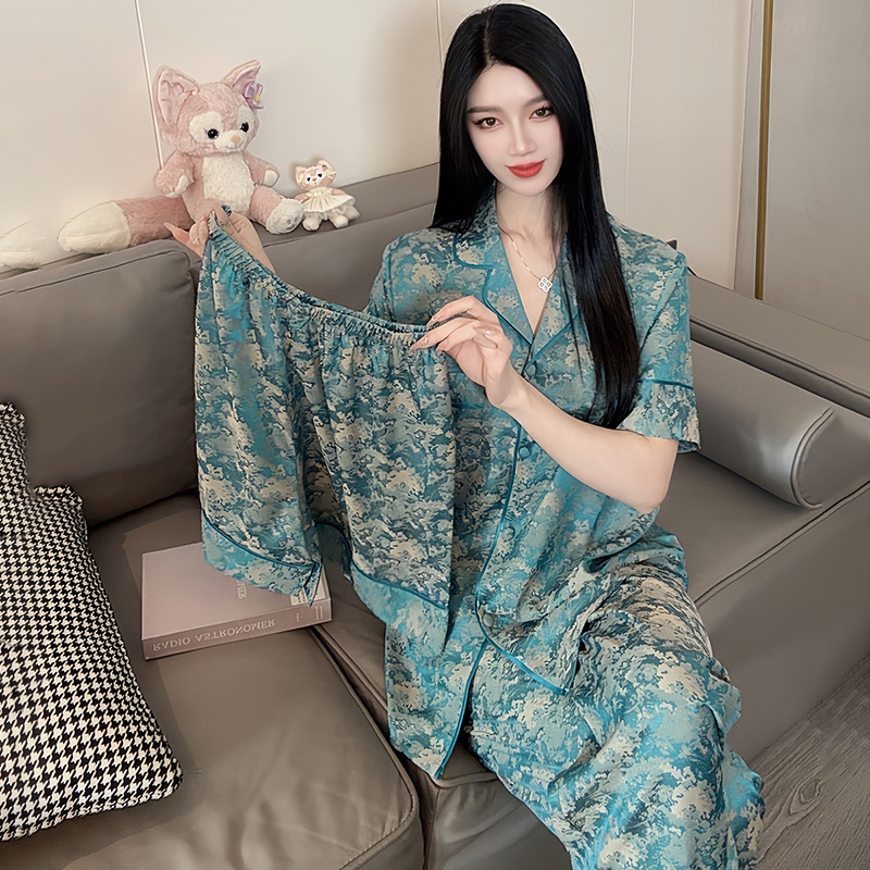 【海潮】新中式短袖睡衣三件套缎面丝夏薄款国风贵妇感家居服可外穿