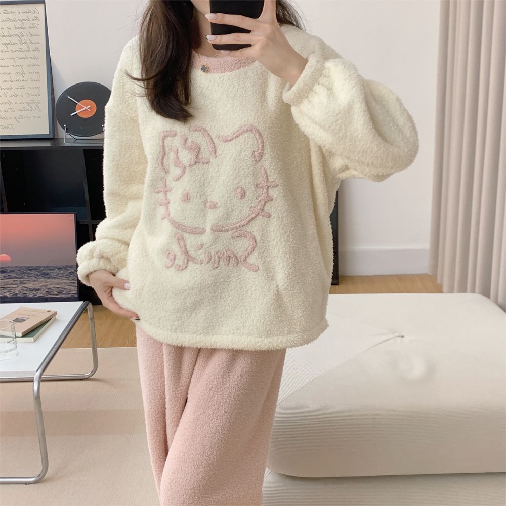 秋冬季新款可爱KT猫半边绒毛绒绒睡衣女款冬季加厚家居服套装睡衣