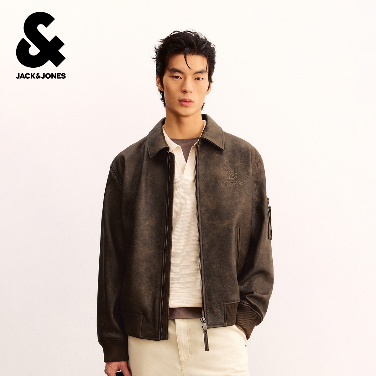 杰克琼斯男装秋季新款潮流出街百搭字母刺绣翻领宽松真皮夹克外套