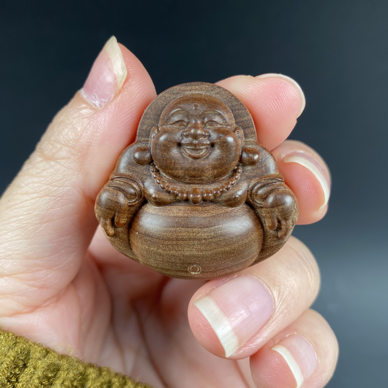 保真沉水印度老山檀香横纹黑肉弥勒佛老料精工雕刻文玩挂件绳子款