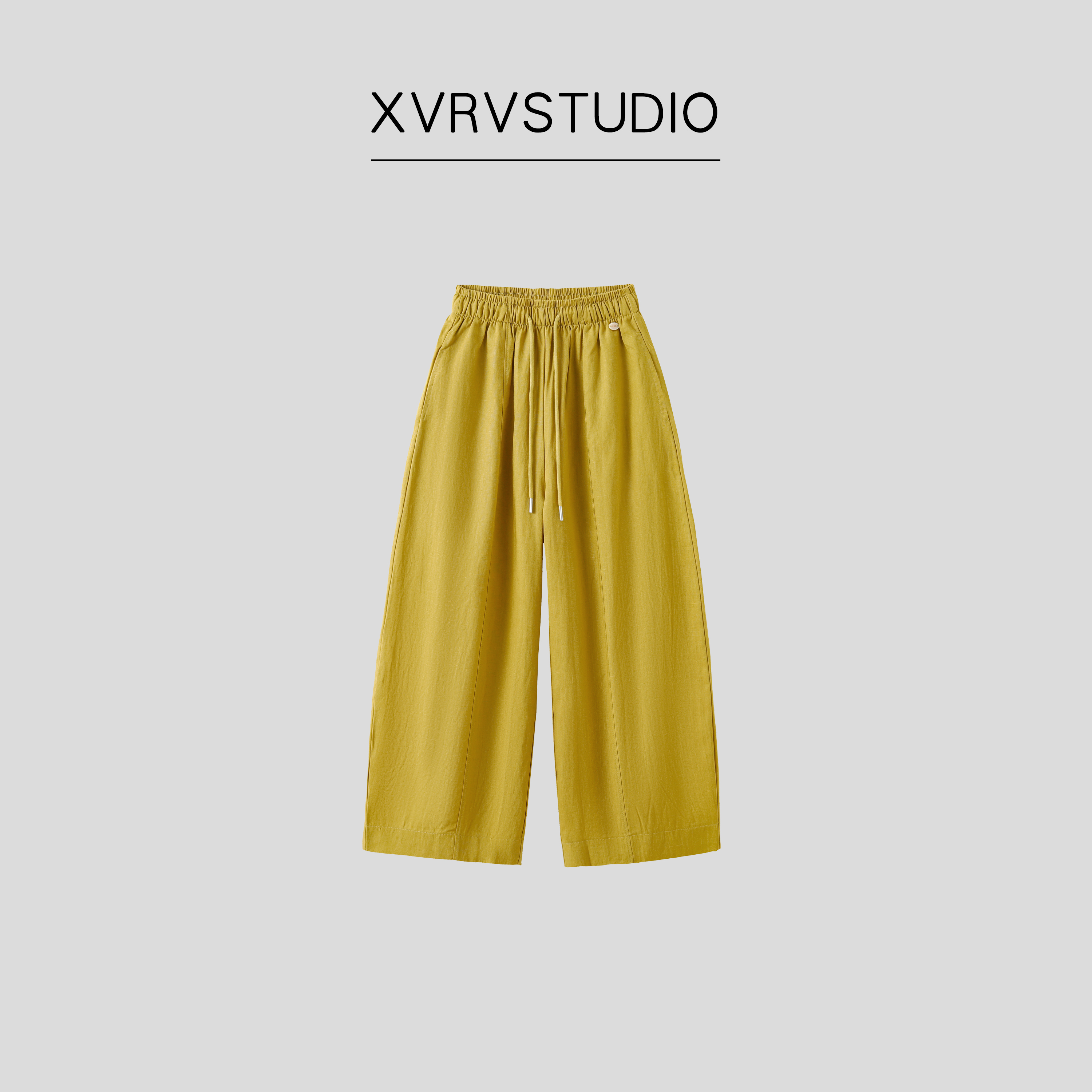 XVRV夏季新品黄色亚麻八分裤薄款运动阔腿裤垂感遮肉休闲裤