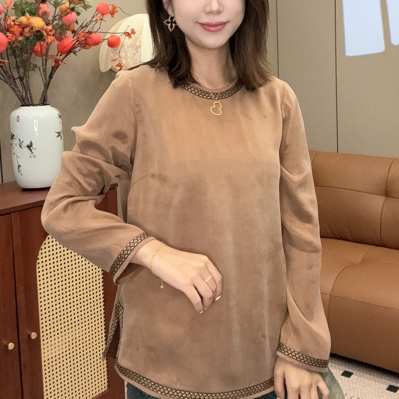 【现货】铜氨丝新中式国风女装时尚圆领长袖新款百搭宽松上衣6717