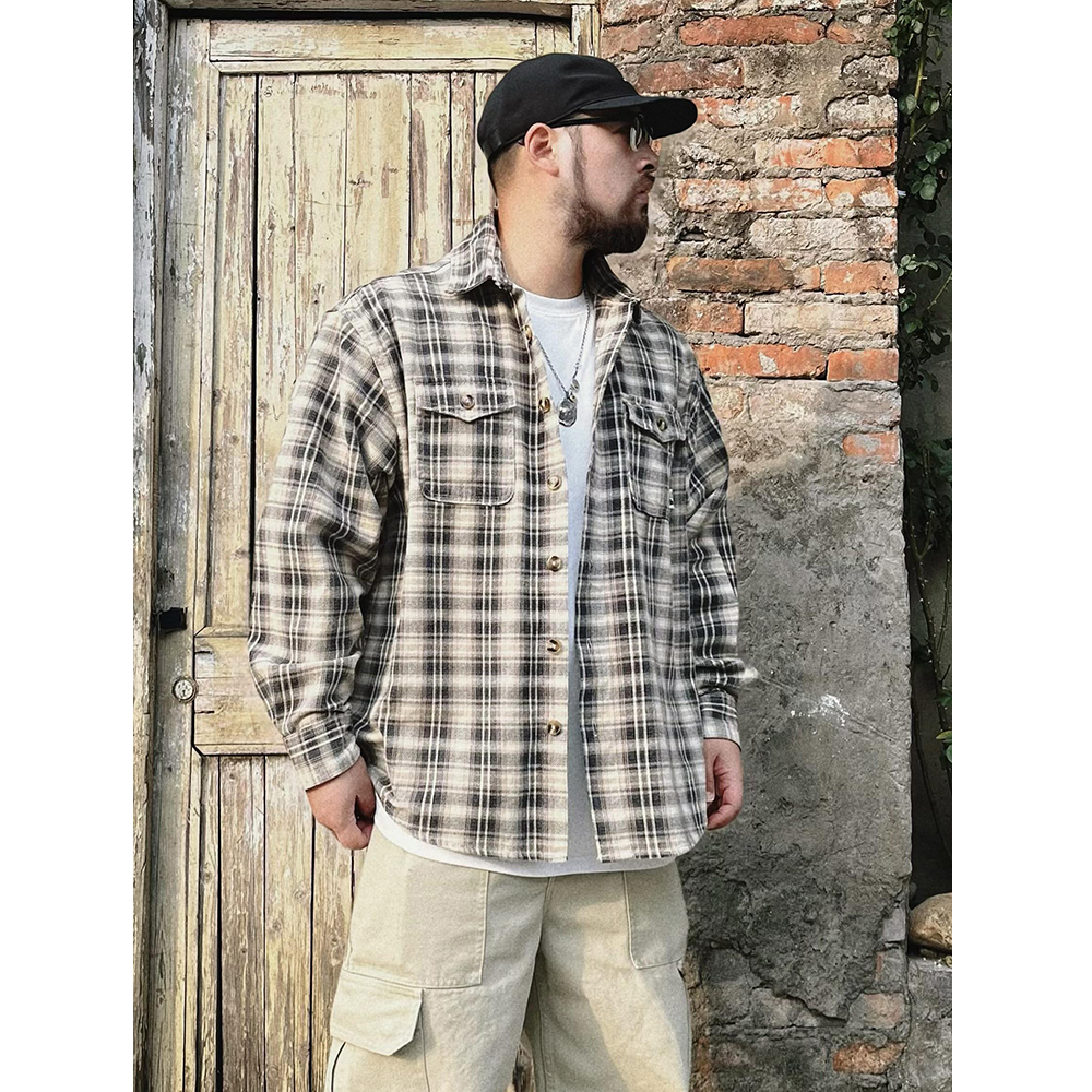 MALTDIARY加肥加大码春秋法兰绒格子外套重洗水复古格子衬衫男