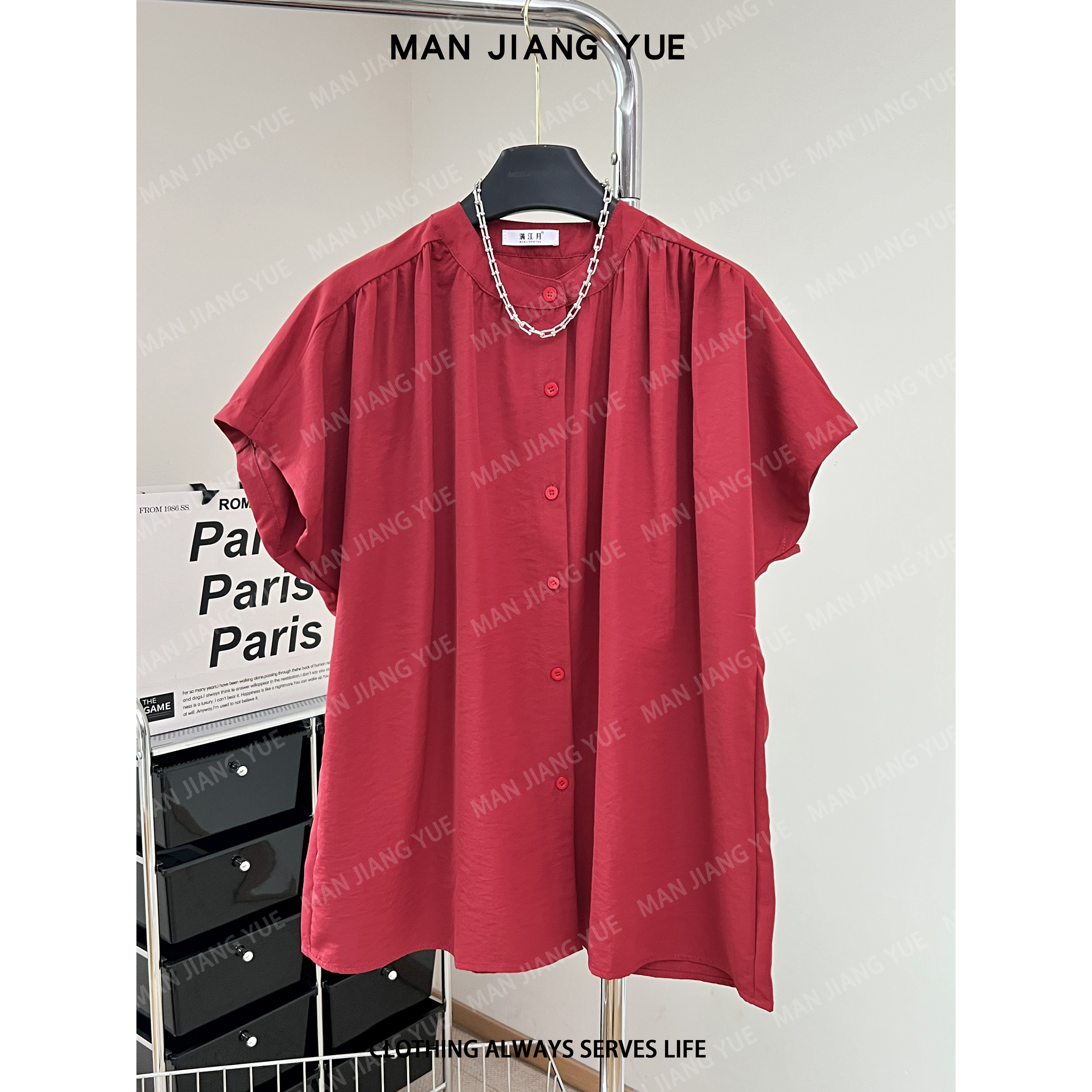 红色宽松夏季显瘦衬衣短袖衬衫文艺高腰设计感法式复古时尚百搭