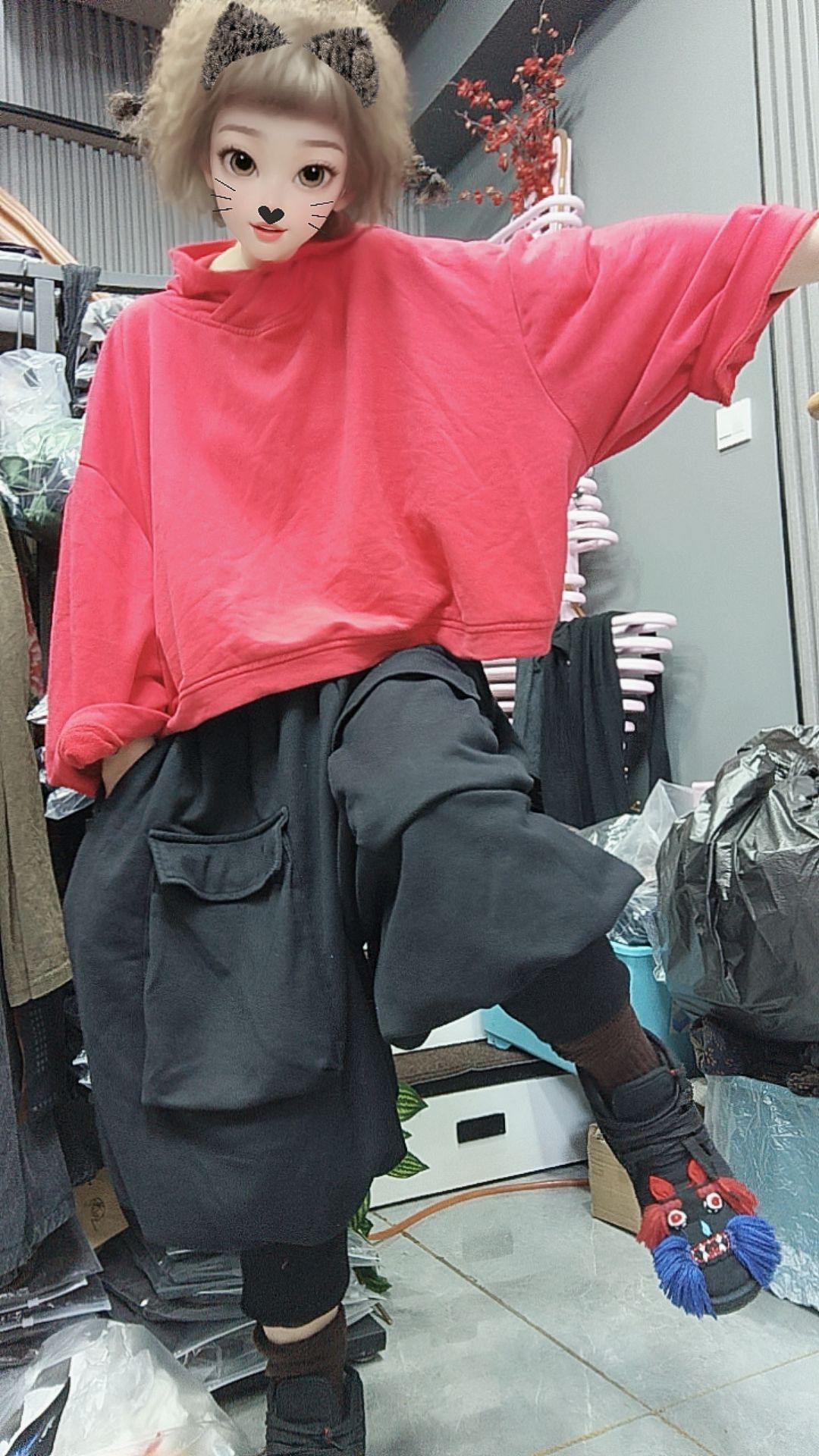 无吊牌沙洗做旧彩色巫师帽宽松版T恤