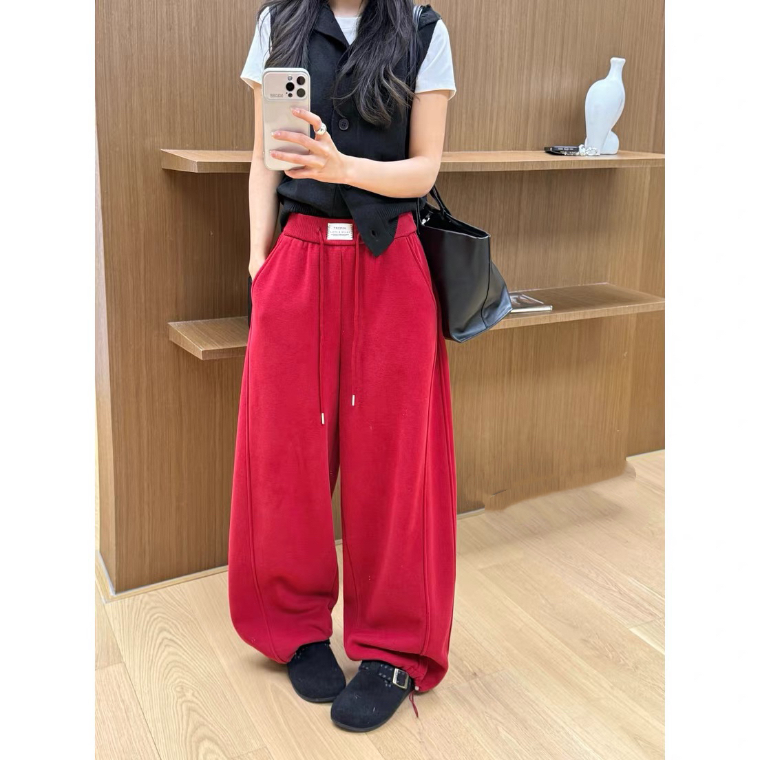 新款小标韩系慵懒风加绒加厚高腰显瘦垂感休闲阔腿弯刀卫裤长裤