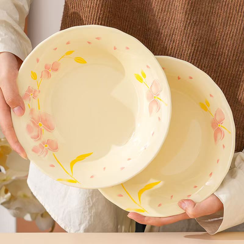 【茉兰希】2个装8英寸陶瓷家用手绘浮雕高温釉下彩精致菜盘饭盘汤盘