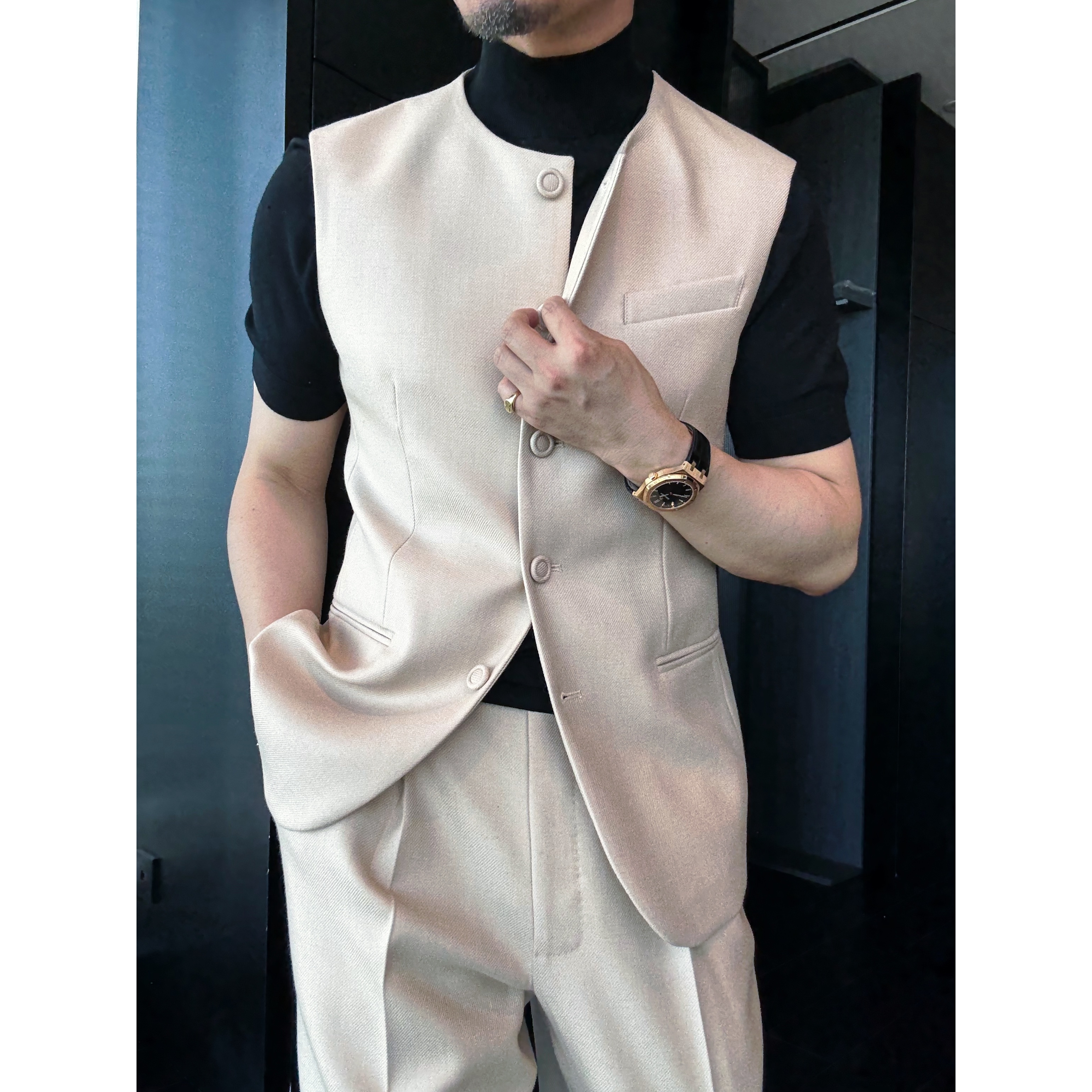 DRUNKCORNER 圆领无袖斜纹羊毛外套时尚秋季休闲百搭潮流