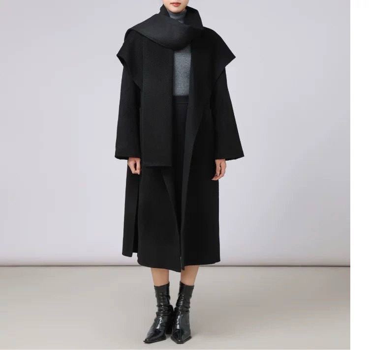 阿玛施/AMASS女毛呢外套斜扣女士大衣过膝时尚毛呢黑色5400752