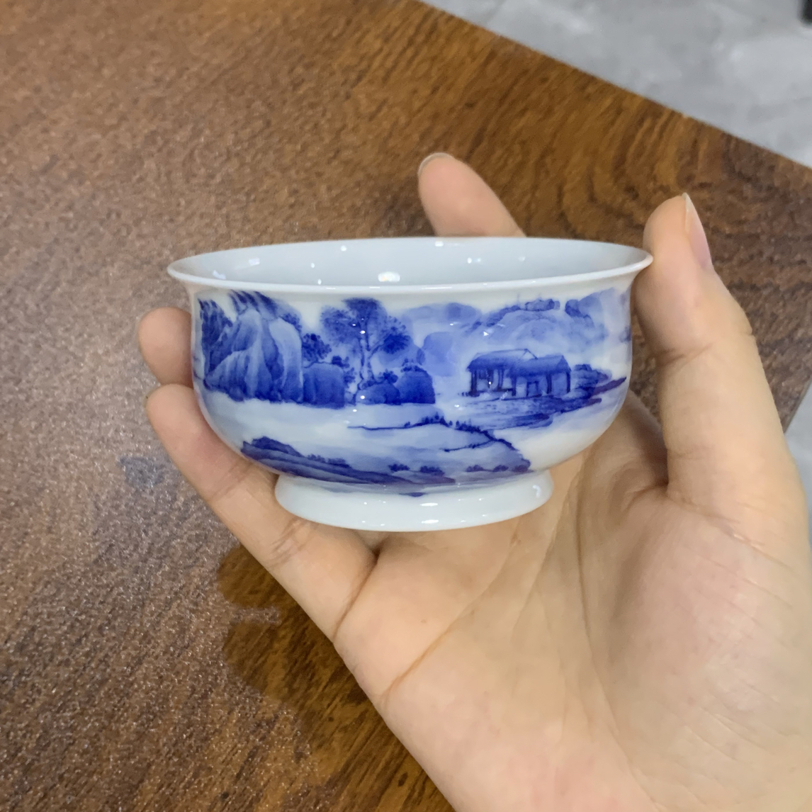 大鱼有器景德镇陶瓷手绘青花山水炉式杯主人杯