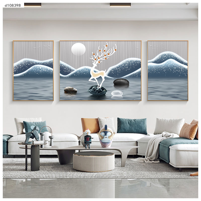 W347时来运转现代简约福鹿客厅装饰画轻奢北欧大气三联画挂画壁画
