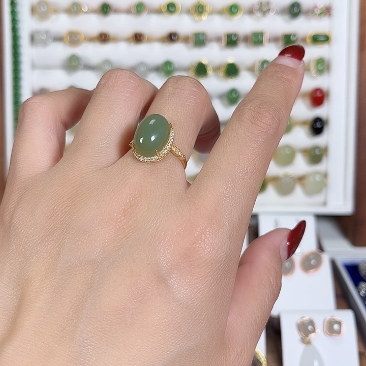 和田玉戒指银S925镀金镶嵌