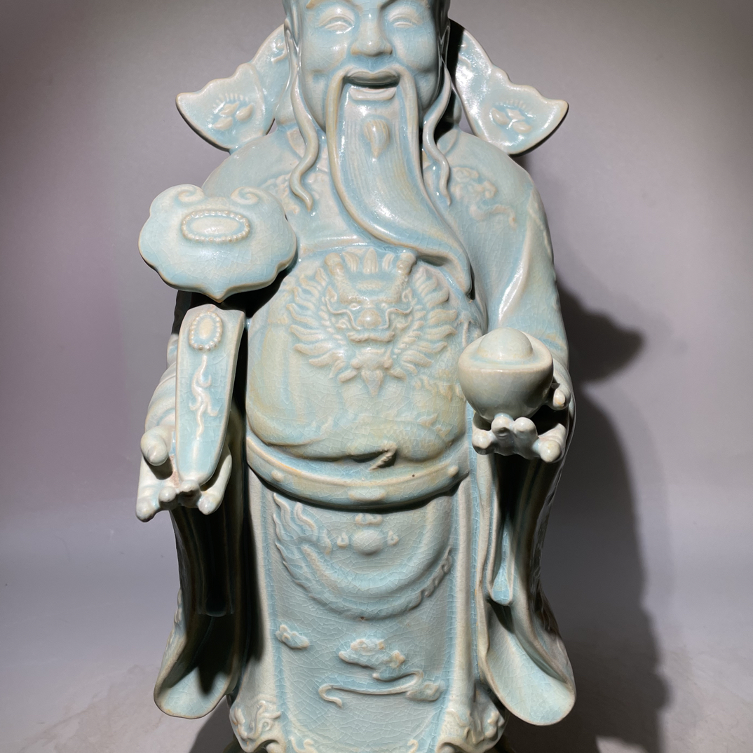 汝窑天青秞财神摆件