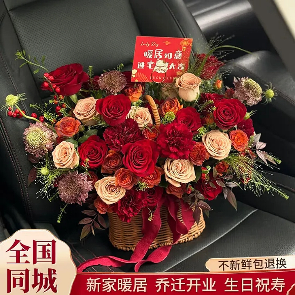 【暖居如意❤进宅大吉】9枝红玫瑰7枝卡布奇诺康乃馨混搭手提花篮送家人朋友爱人鲜花小时达同城花店配送到家