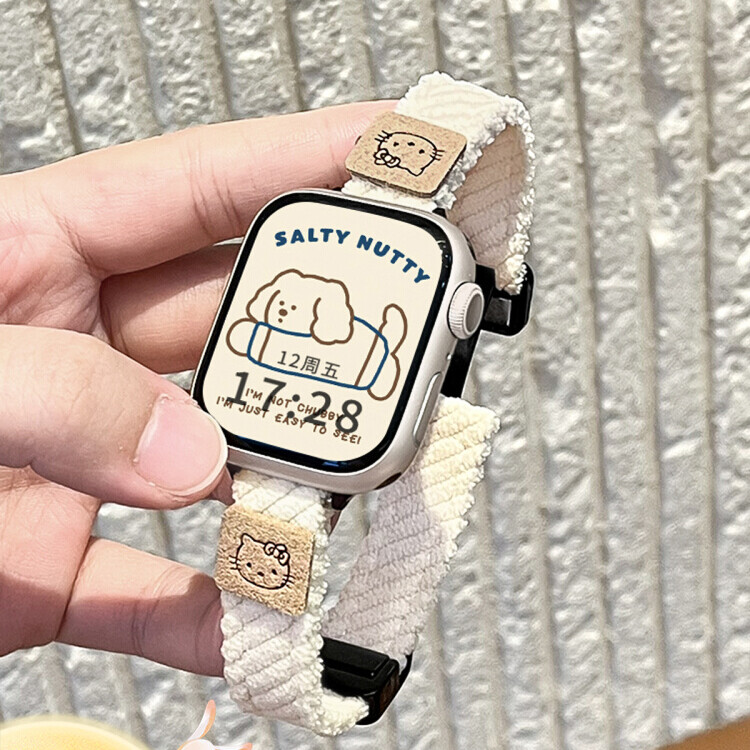 适用applewatchS11灯芯绒kitty猫表带iWatch8/9/7/se创意可爱折叠