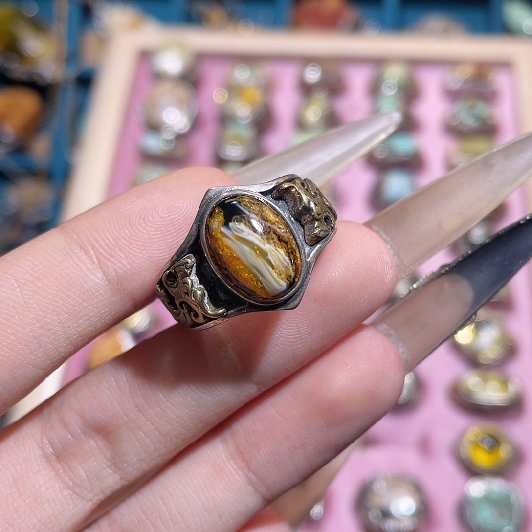 琥珀银S925镶嵌戒指