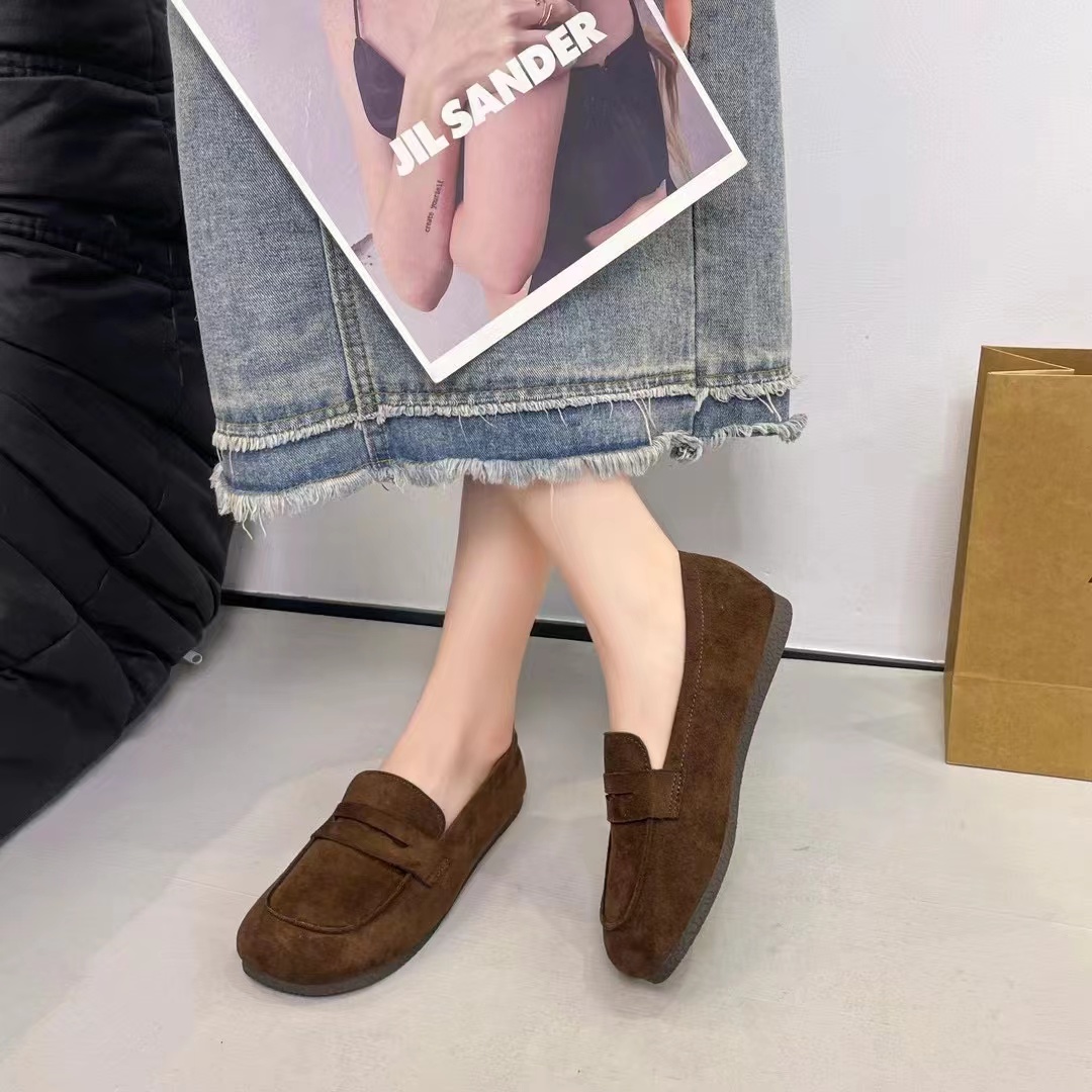 3910法式圆头乐福鞋女春季2025新款通勤复古休闲一脚蹬平底鞋