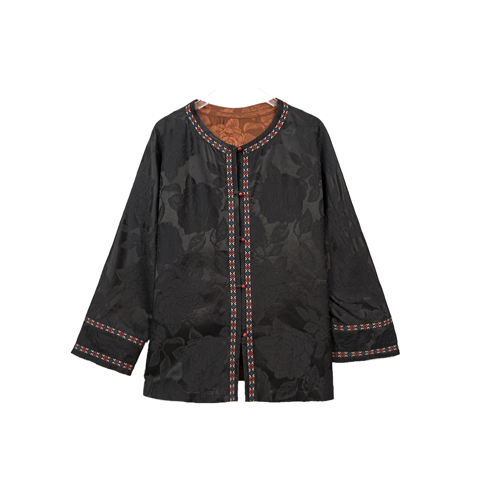 LL 2025新款玫瑰长袖重缎双面穿圆领拼接刺绣外套 24804