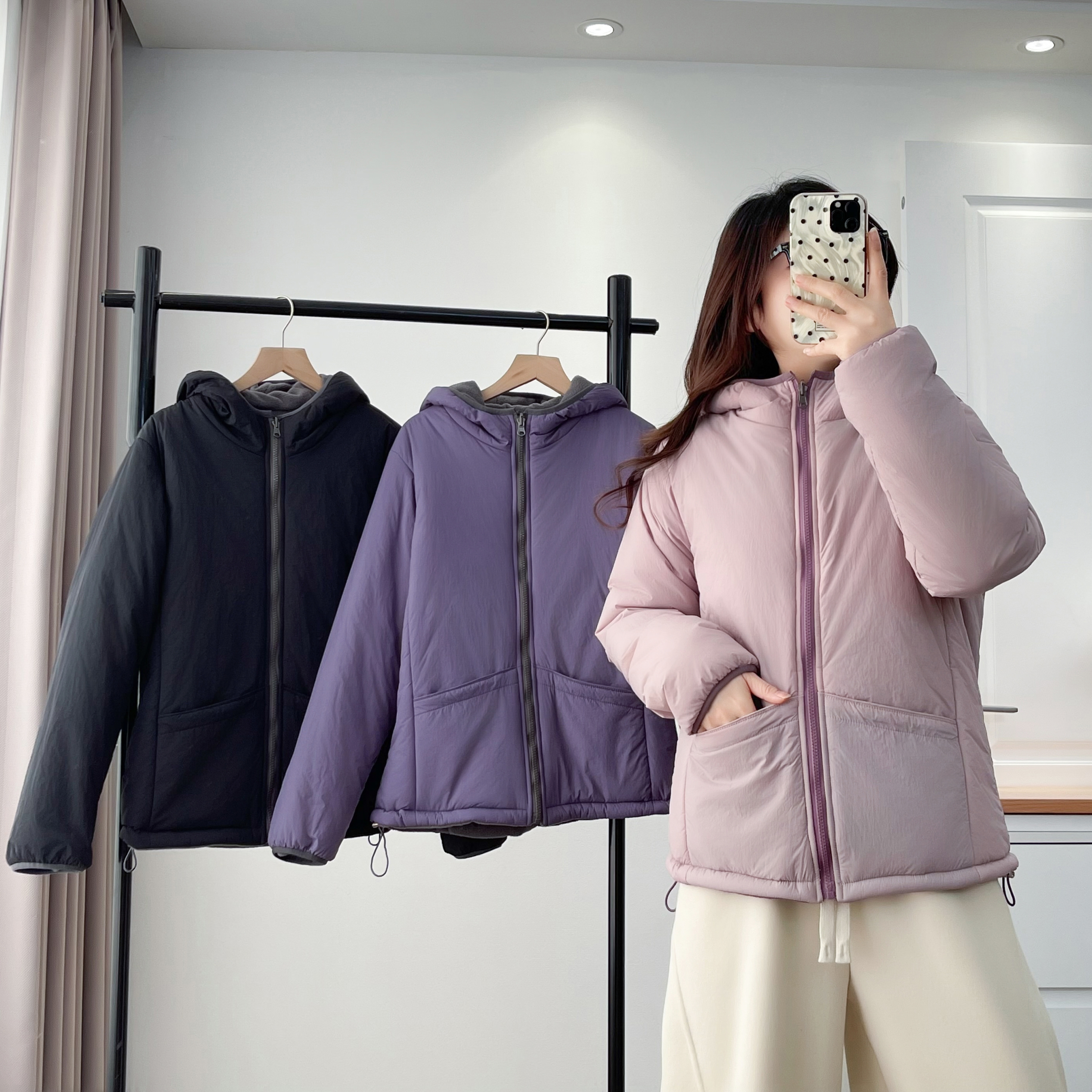 卡洛町大码女装120-200斤冬季新款百搭双面穿设计感连帽棉服2557