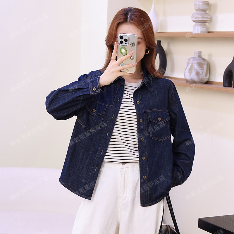 小个子2025年秋季新款不掉色丹宁蓝牛仔衬衫女衬衣宽松百搭显瘦