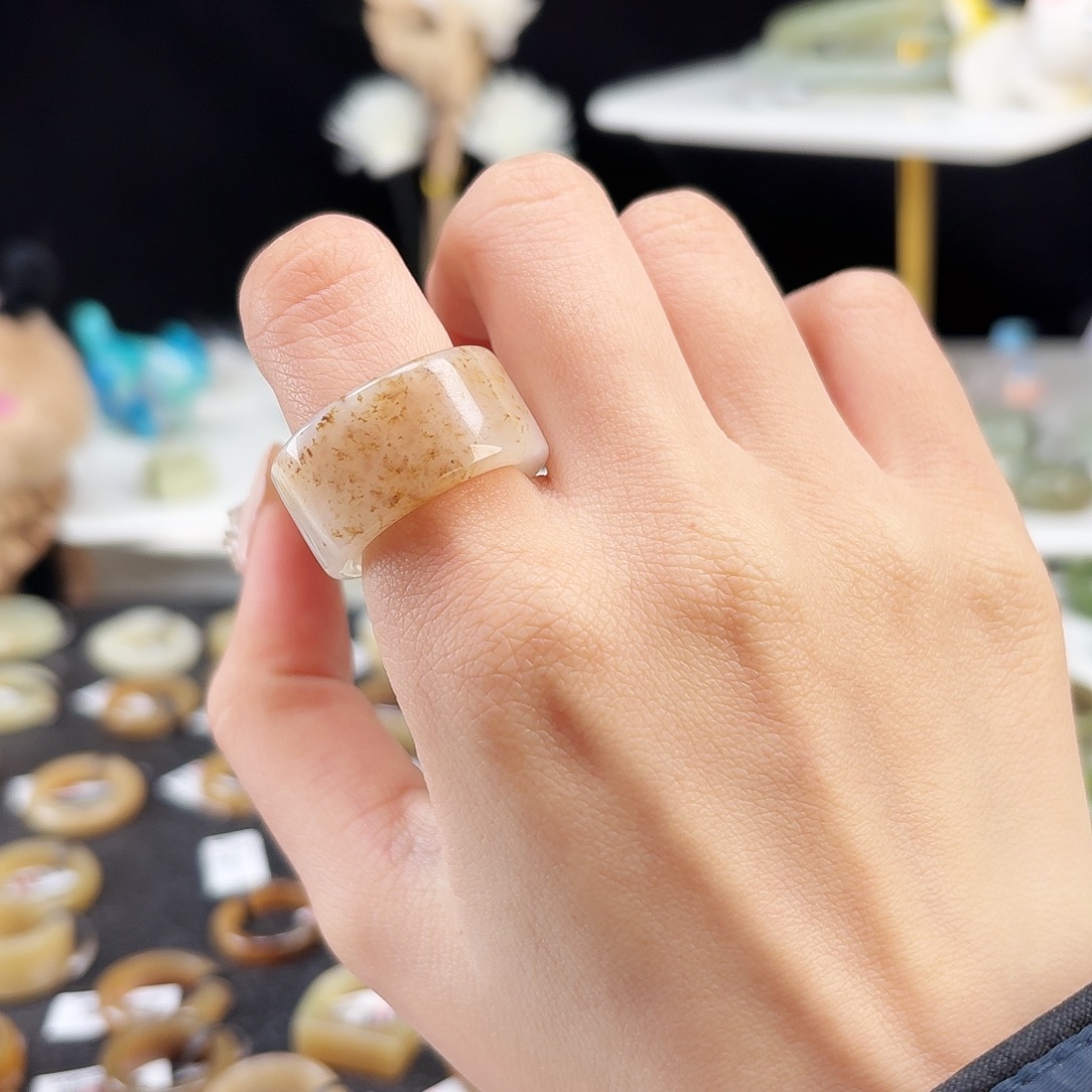 和田玉未镶嵌戒指P120金桂花带青花直切17.3不退换