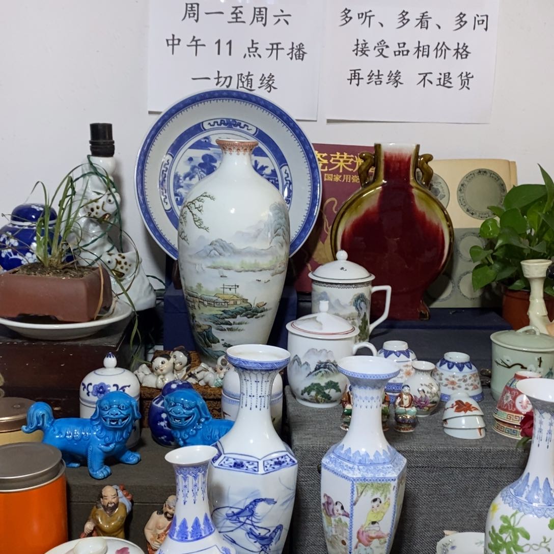 瓷片黑**际手绘山水梅瓶一只