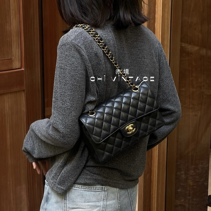 99新 Chanel/香奈儿 2500 黑金荔枝纹牛皮cf小号单肩包芯片款
