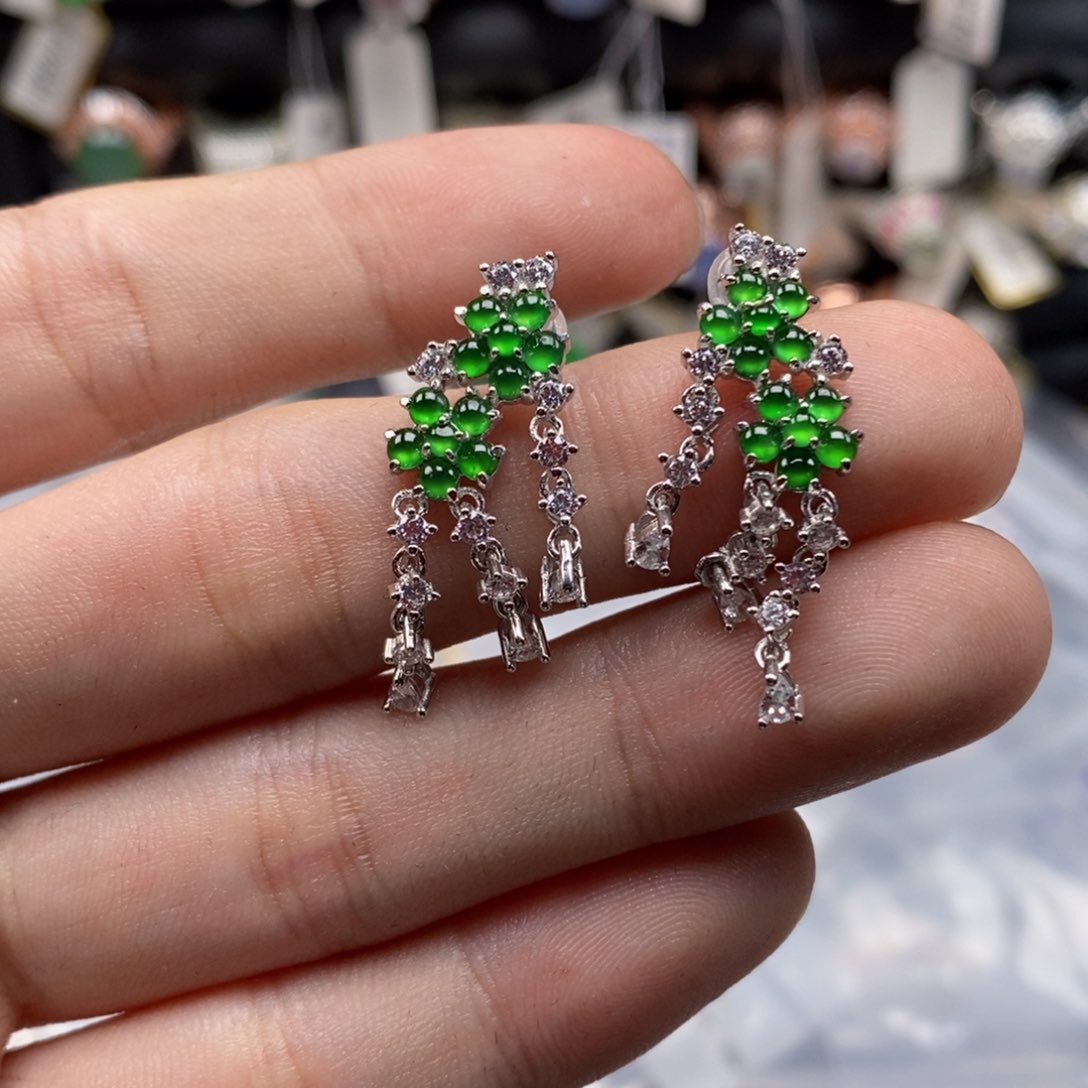 翡翠耳饰银S925镶嵌?****.天然缅甸翡翠a货