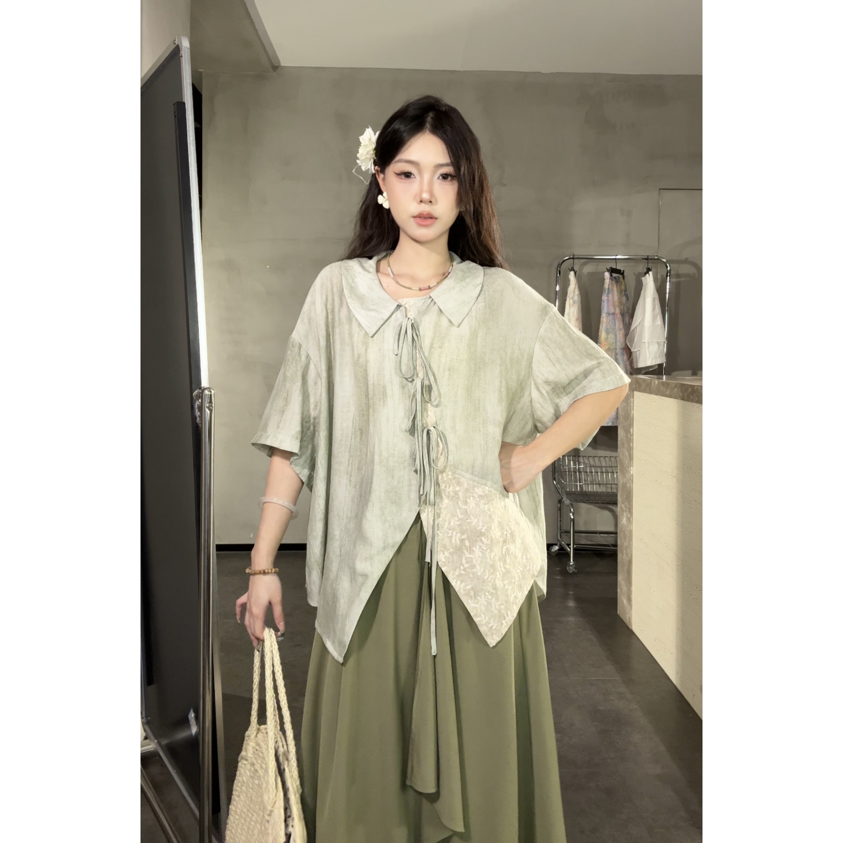 VGVL【绿丝绦】新款下摆不规则拼接衬衫女