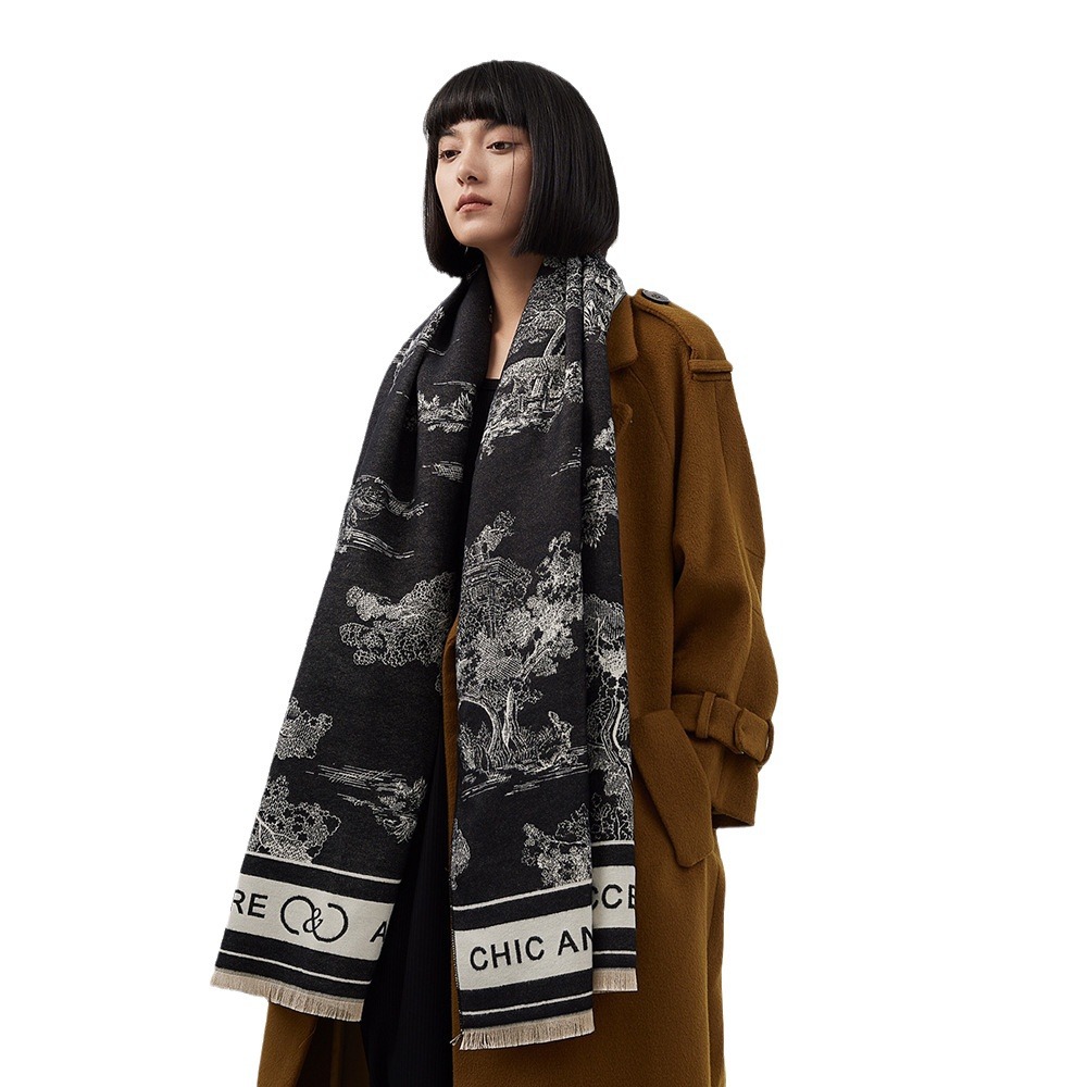 新款提花山水画仿羊绒围巾女空调房披肩秋冬加厚保暖长款跨境围脖